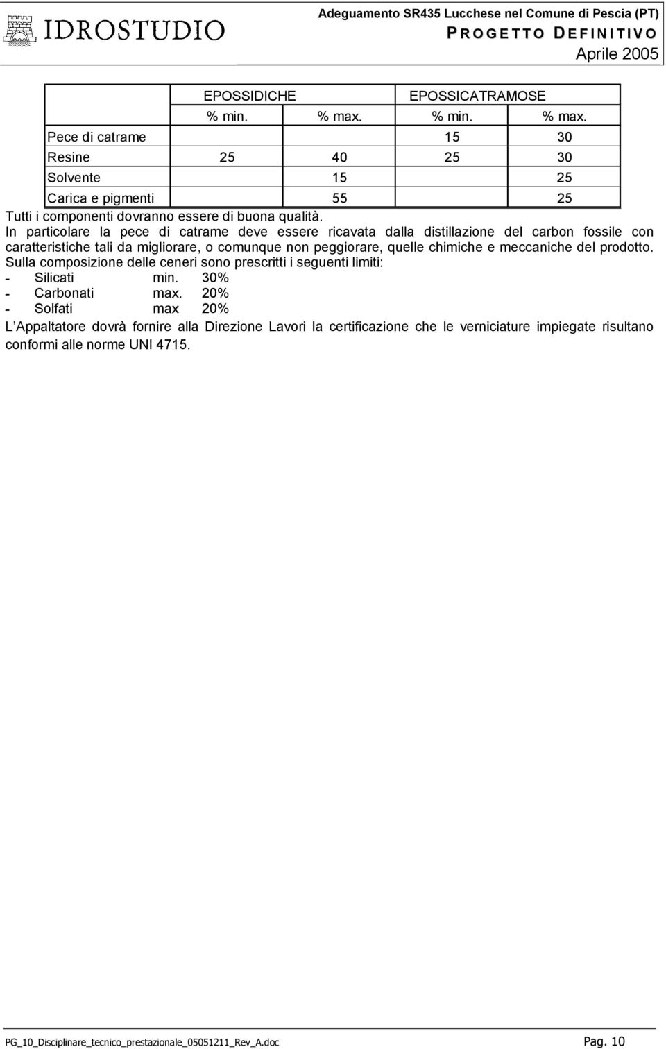 meccaniche del prodotto. Sulla composizione delle ceneri sono prescritti i seguenti limiti: - Silicati min. 30% - Carbonati max.