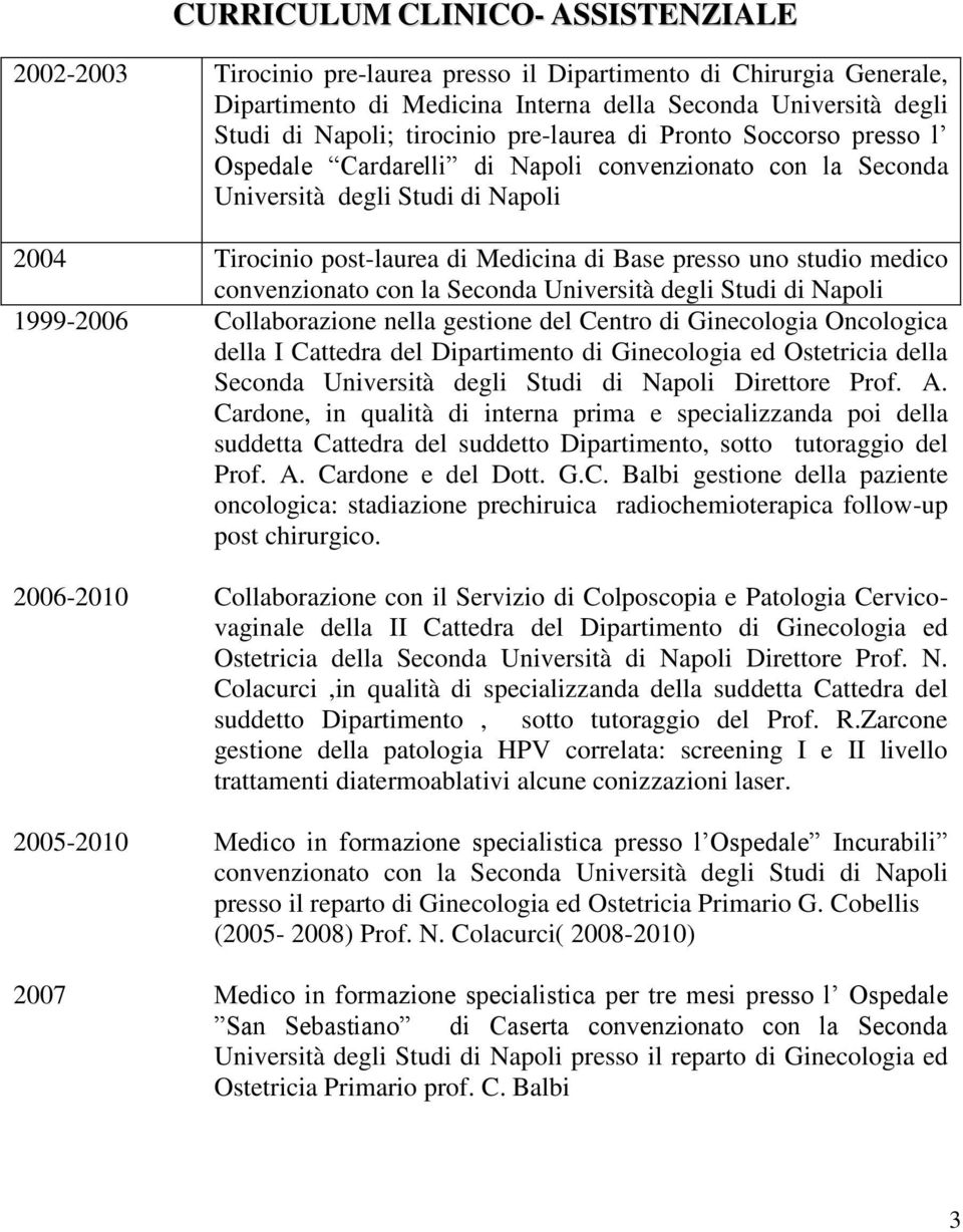 studio medico convenzionato con la Seconda Università degli Studi di Napoli 1999-2006 Collaborazione nella gestione del Centro di Ginecologia Oncologica della I Cattedra del Dipartimento di