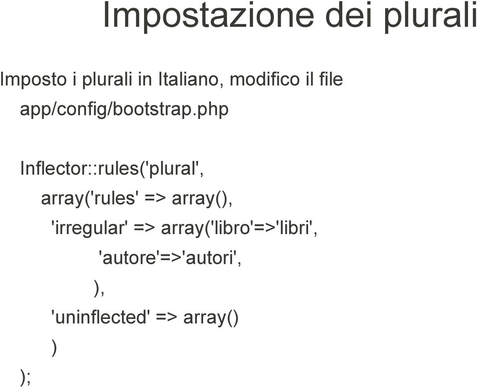 php Inflector::rules('plural', array('rules' => array(),