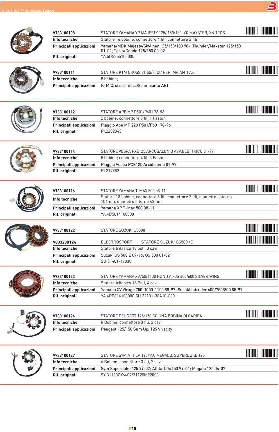 5DS855100000 V733100111 STATORE KTM CROSS 2T 65/85CC PER IMPIANTI AET 8 bobine; KTM Cross 2T 65cc/85 impianto AET V733100112 STATORE APE MP P501/P601 78-96 2 bobine; connettore 3 fili 1 Faston