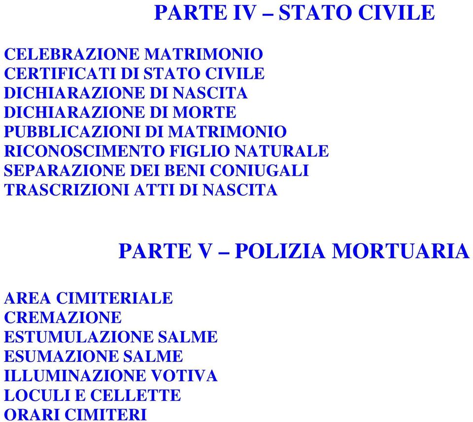 SEPARAZIONE DEI BENI CONIUGALI TRASCRIZIONI ATTI DI NASCITA AREA CIMITERIALE CREMAZIONE