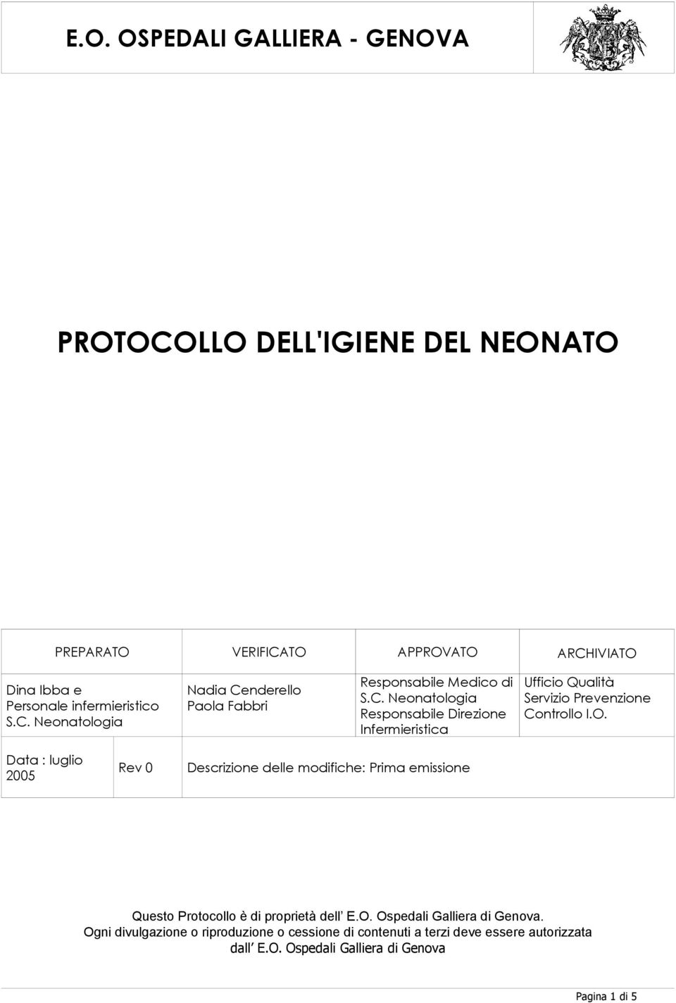 Data : luglio 2005 ev 0 Descrizione delle modifiche: Prima emissione Questo Protocollo è di proprietà dell E.O. Ospedali Galliera di Genova.