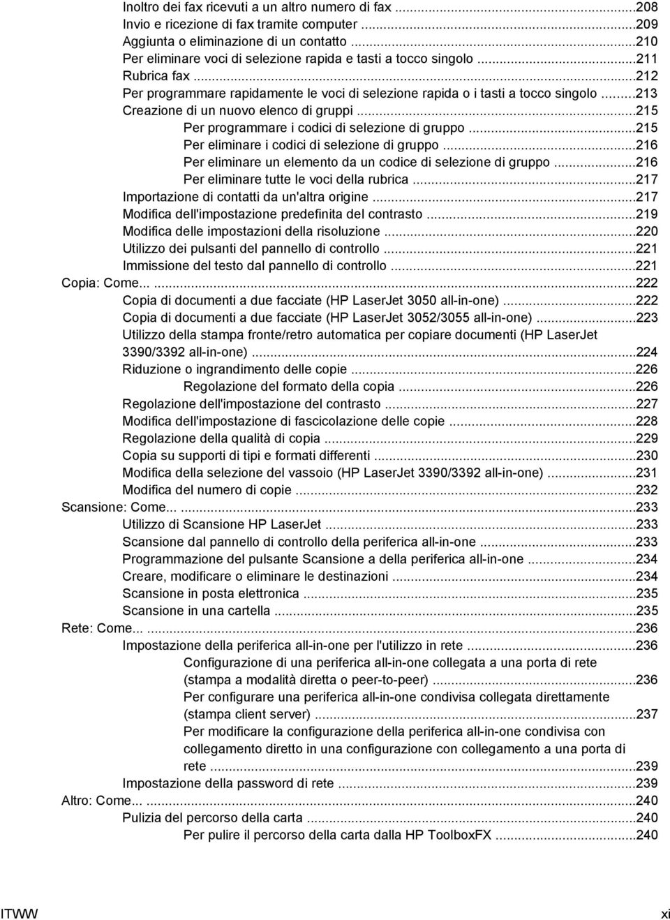 ..213 Creazione di un nuovo elenco di gruppi...215 Per programmare i codici di selezione di gruppo...215 Per eliminare i codici di selezione di gruppo.