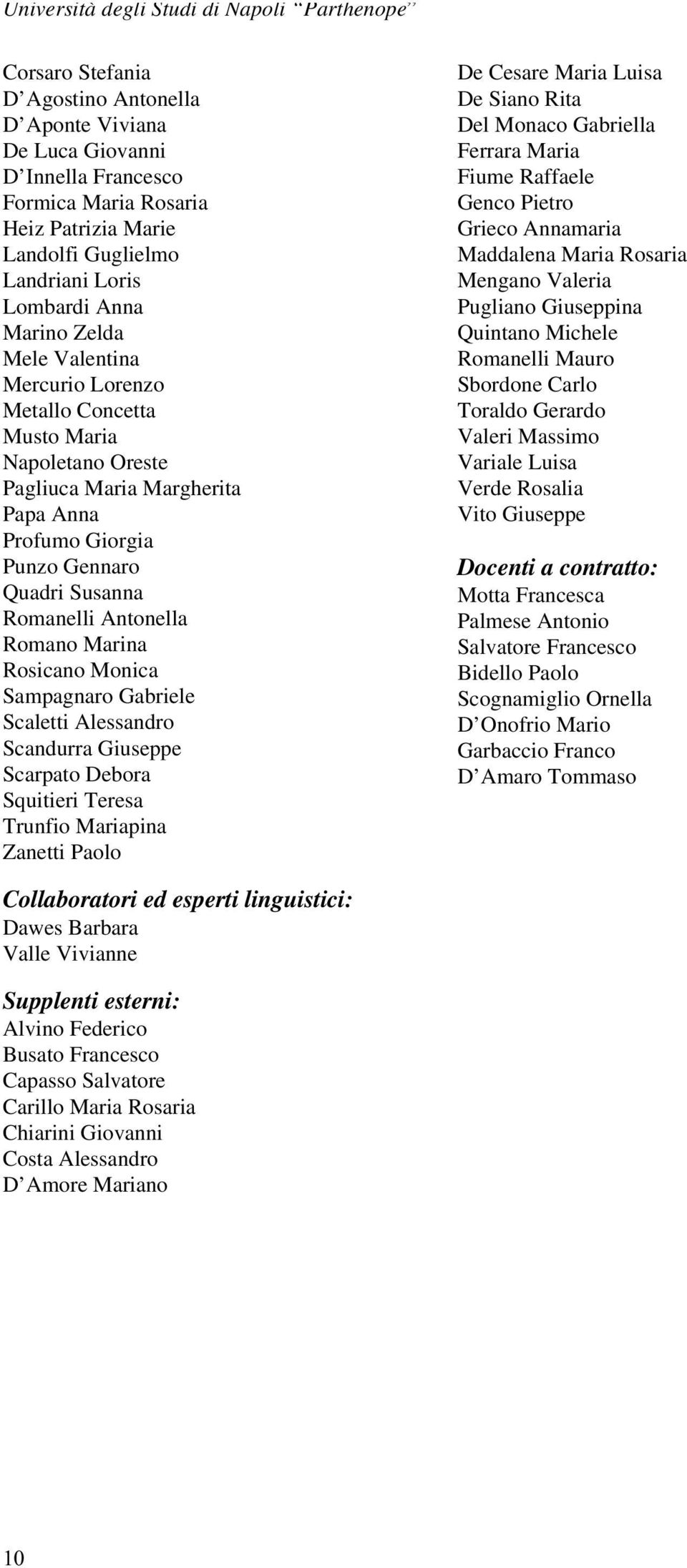 Susanna Romanelli Antonella Romano Marina Rosicano Monica Sampagnaro Gabriele Scaletti Alessandro Scandurra Giuseppe Scarpato Debora Squitieri Teresa Trunfio Mariapina Zanetti Paolo De Cesare Maria