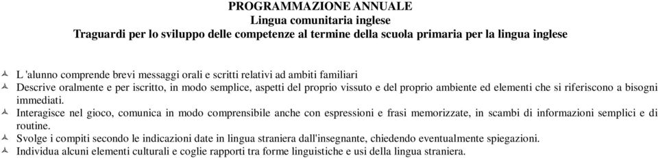 immediati. Interagisce nel gioco, comunica in modo comprensibile anche con espressioni e frasi memorizzate, in scambi di informazioni semplici e di routine.