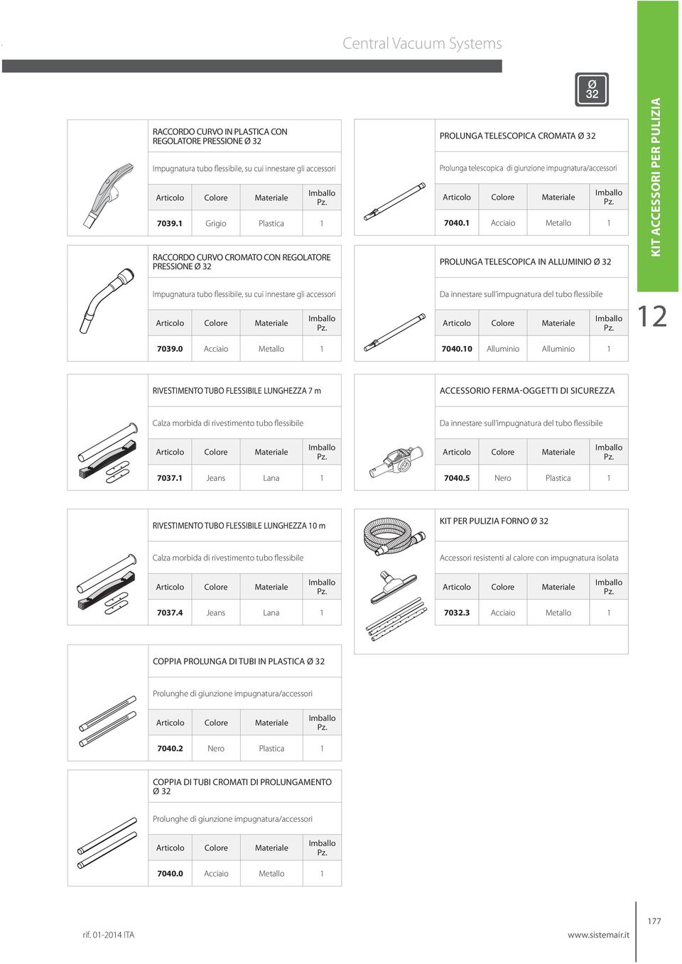 1 Acciaio Metallo 1 PROLUNGA TELESCOPICA IN ALLUMINIO Ø 32 KIT ACCESSORI PER PULIZIA Impugnatura tubo flessibile, su cui innestare gli accessori 7039.