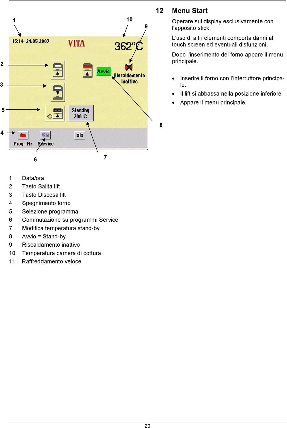 Inserire il forno con l interruttore principale. Il lift si abbassa nella posizione inferiore Appare il menu principale.