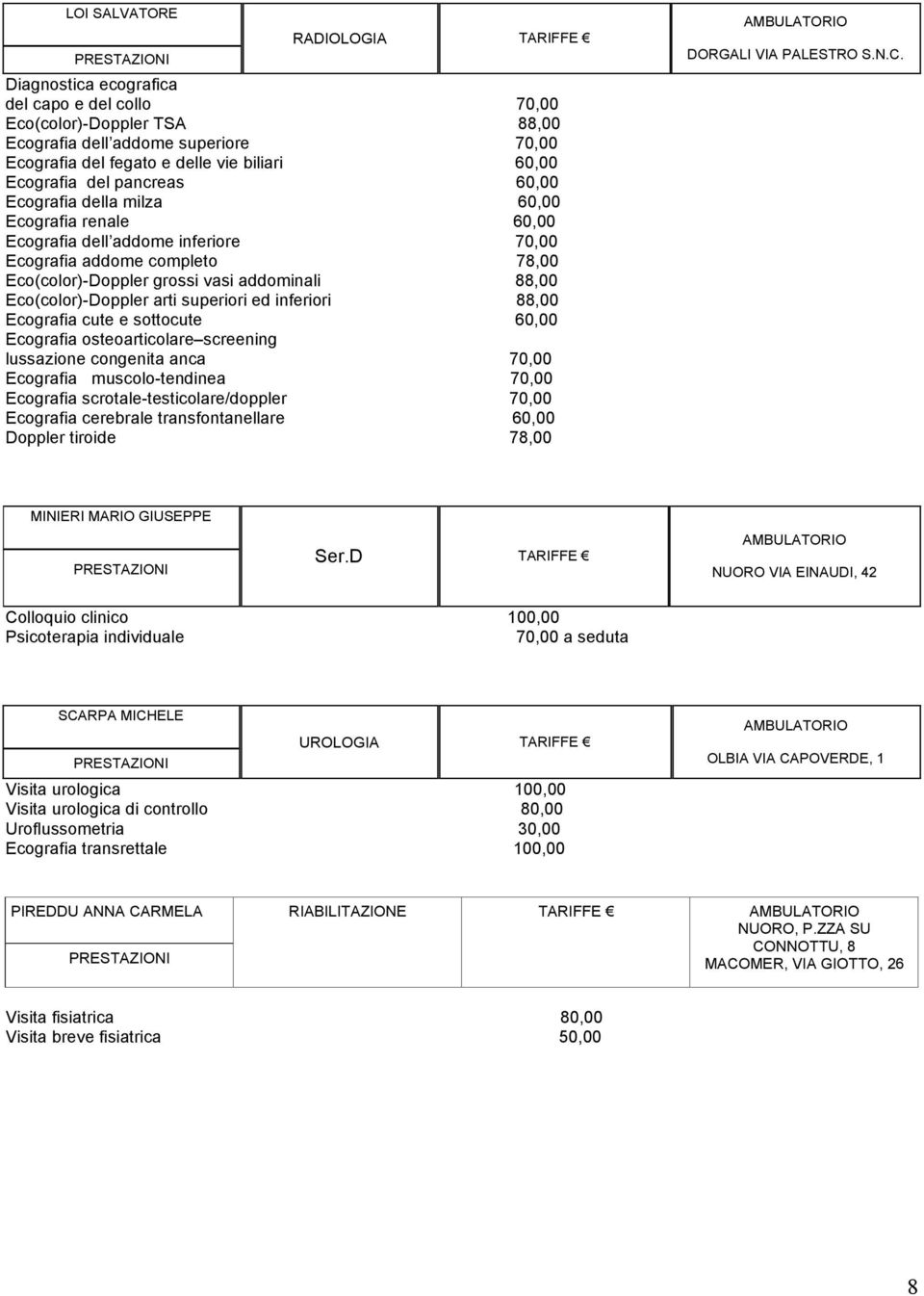 superiori ed inferiori 88,00 Ecografia cute e sottocute 60,00 Ecografia muscolo-tendinea 70,00 Ecografia scrotale-testicolare/doppler 70,00 Ecografia cerebrale transfontanellare 60,00 Doppler tiroide