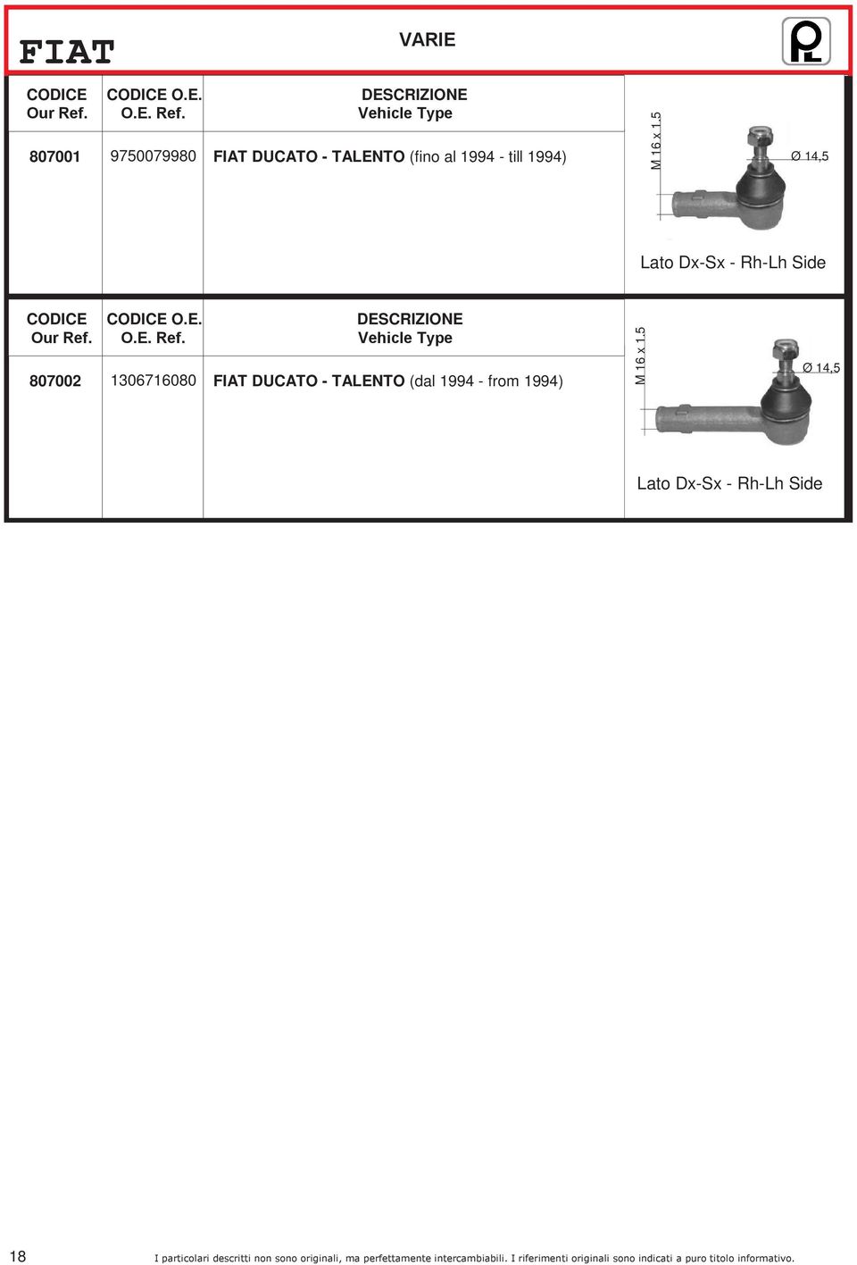 E. DESCRIZIONE O.E. Our Ref. O.E. Ref. O.E. Vehicle REFERENCE Type 807002 1306716080 FIAT DUCATO - TALENTO (dal 1994 - from 1994) M 16 x 1.