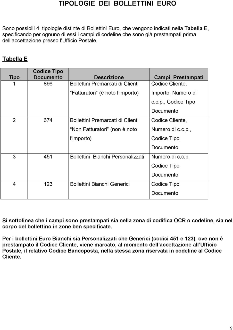 Tabella E Tipo Codice Tipo Documento Descrizione Campi Prestampati 1 896 Bollettini Premarcati di Clienti Fatturatori (è noto l importo) Codice Cliente, Importo, Numero di c.c.p., Codice Tipo Documento 2 674 Bollettini Premarcati di Clienti Non Fatturatori (non è noto l importo) Codice Cliente, Numero di c.