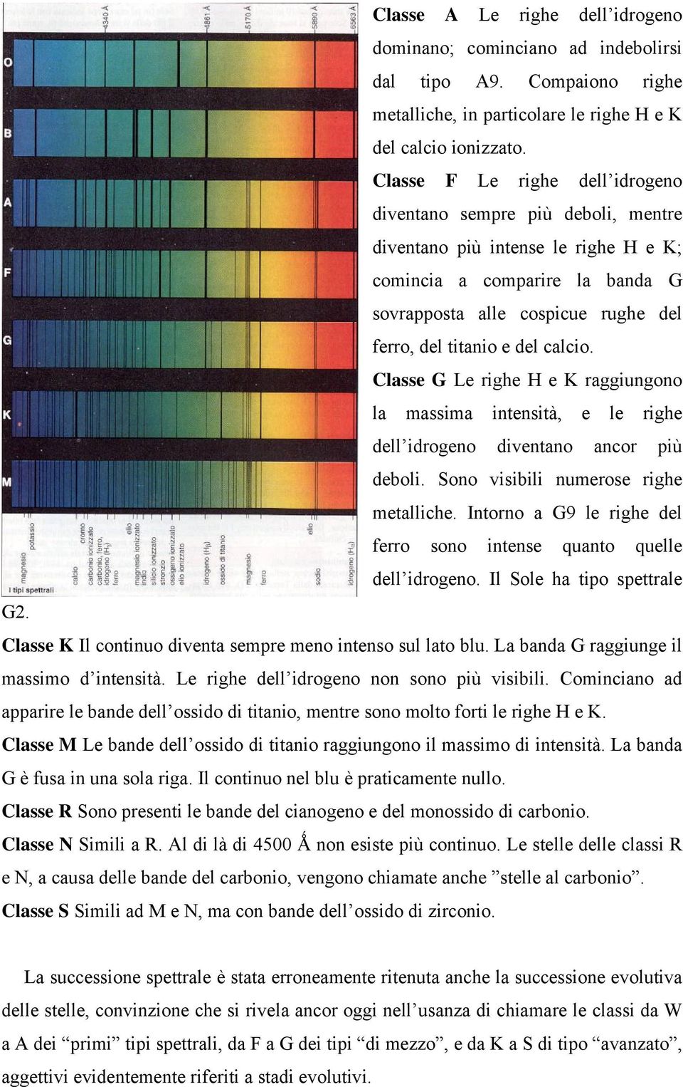 calcio. Classe G Le righe H e K raggiungono la massima intensità, e le righe dell idrogeno diventano ancor più deboli. Sono visibili numerose righe metalliche.