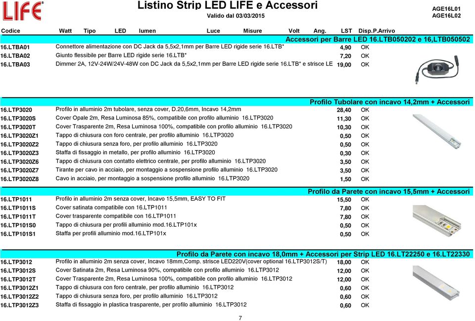 LTP3020 Profilo in alluminio 2m tubolare, senza cover, D.20,6mm, Incavo 14,2mm 28,40 OK 16.LTP3020S Cover Opale 2m, Resa Luminosa 85%, compatibile con profilo alluminio 16.LTP3020 11,30 OK 16.