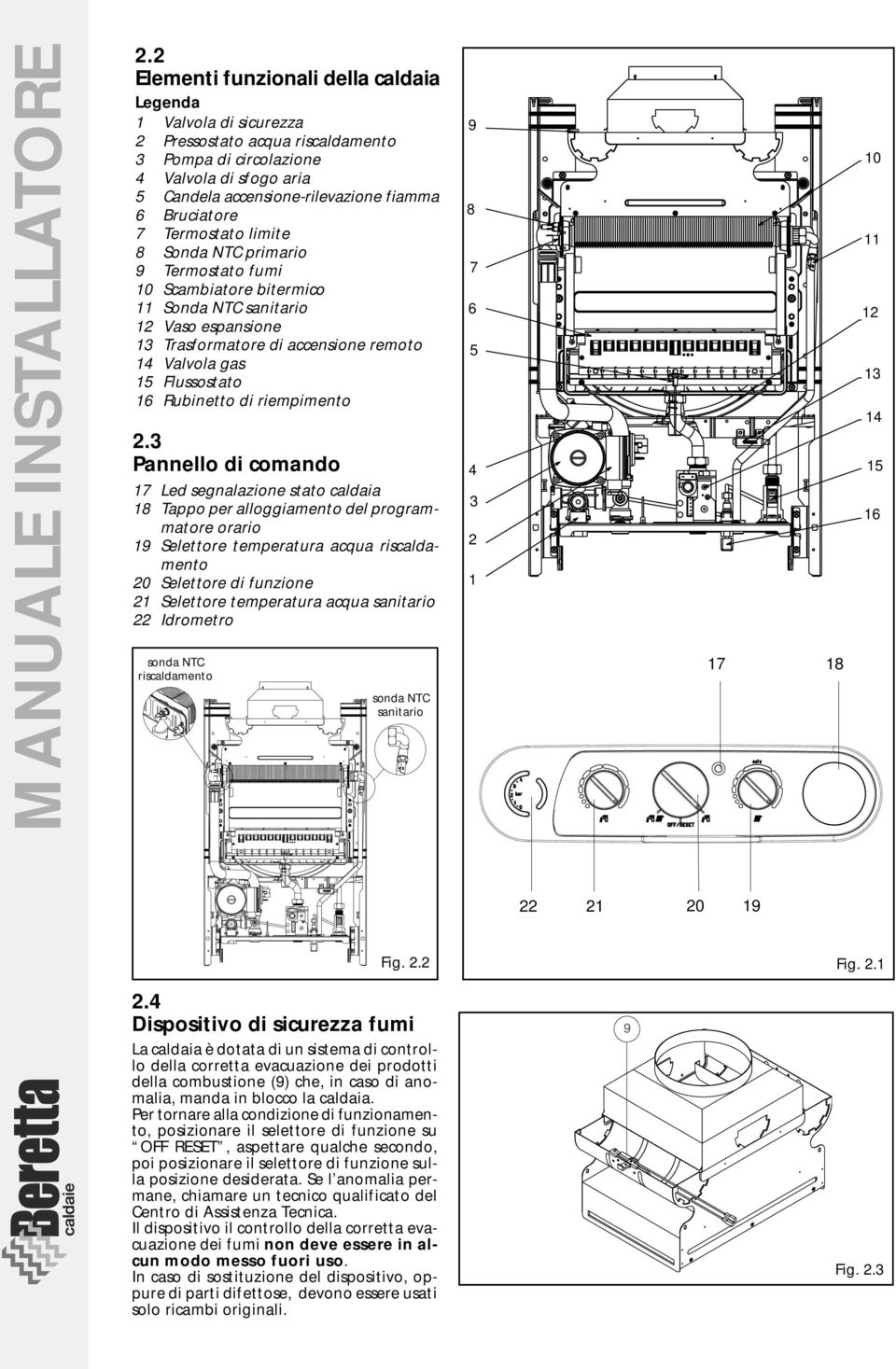 Bruciatore 7 Termostato limite 8 Sonda NTC primario 9 Termostato fumi 10 Scambiatore bitermico 11 Sonda NTC sanitario 12 Vaso espansione 13 Trasformatore di accensione remoto 14 Valvola gas 15