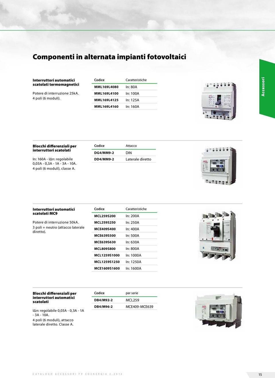 regolabile 0,03A - 0,3A - 1A - 3A - 10A. 4 poli (6 moduli), classe A. DD4/MM9-2 Laterale diretto Interruttori automatici scatolati MC9 MCL259S200 Caratteristiche In: 200A Potere di interruzione 50kA.