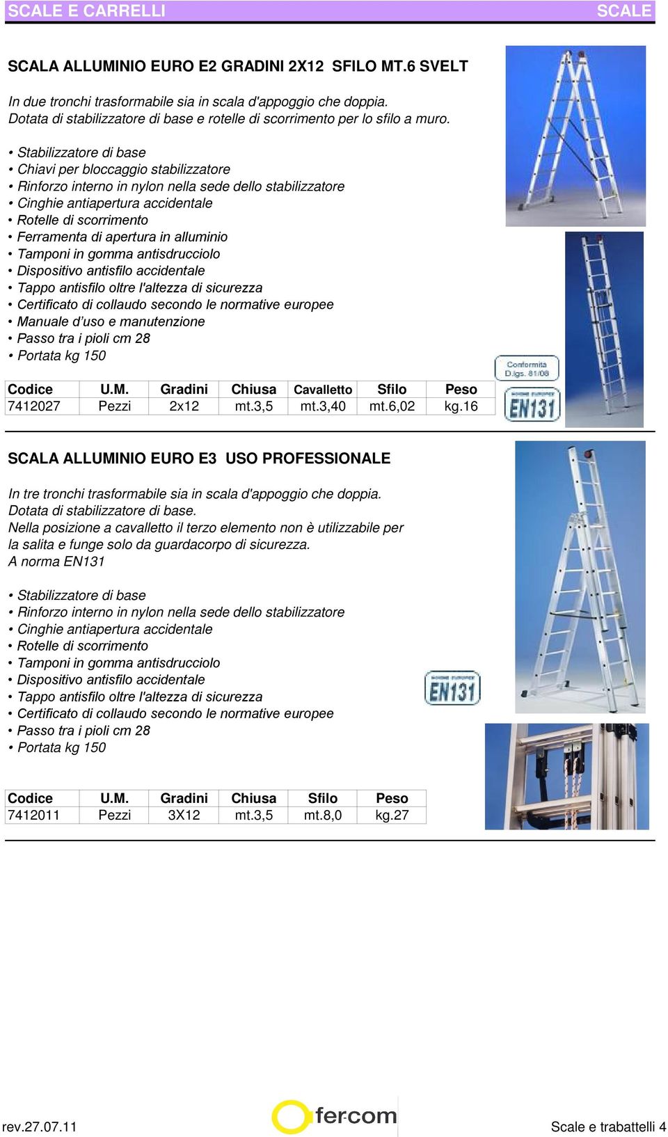 alluminio Tamponi in gomma antisdrucciolo Dispositivo antisfilo accidentale Tappo antisfilo oltre l'altezza di sicurezza Passo tra i pioli cm 28 Gradini Chiusa Cavalletto Sfilo Peso 7412027 Pezzi