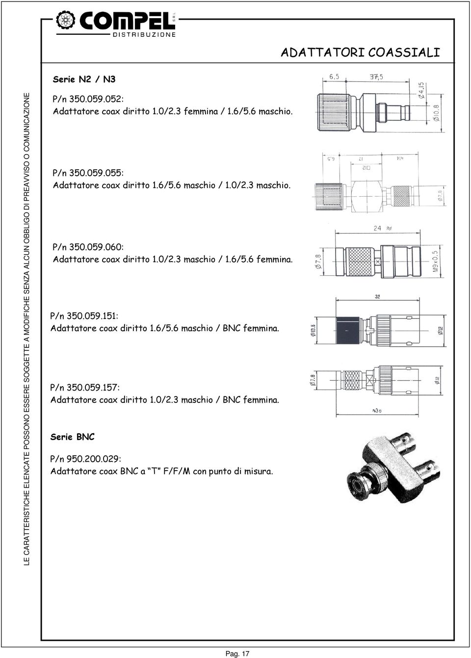 6/5.6 maschio / BNC femmina. P/n 350.059.157: Adattatore coax diritto 1.0/2.3 maschio / BNC femmina. Serie BNC P/n 950.200.