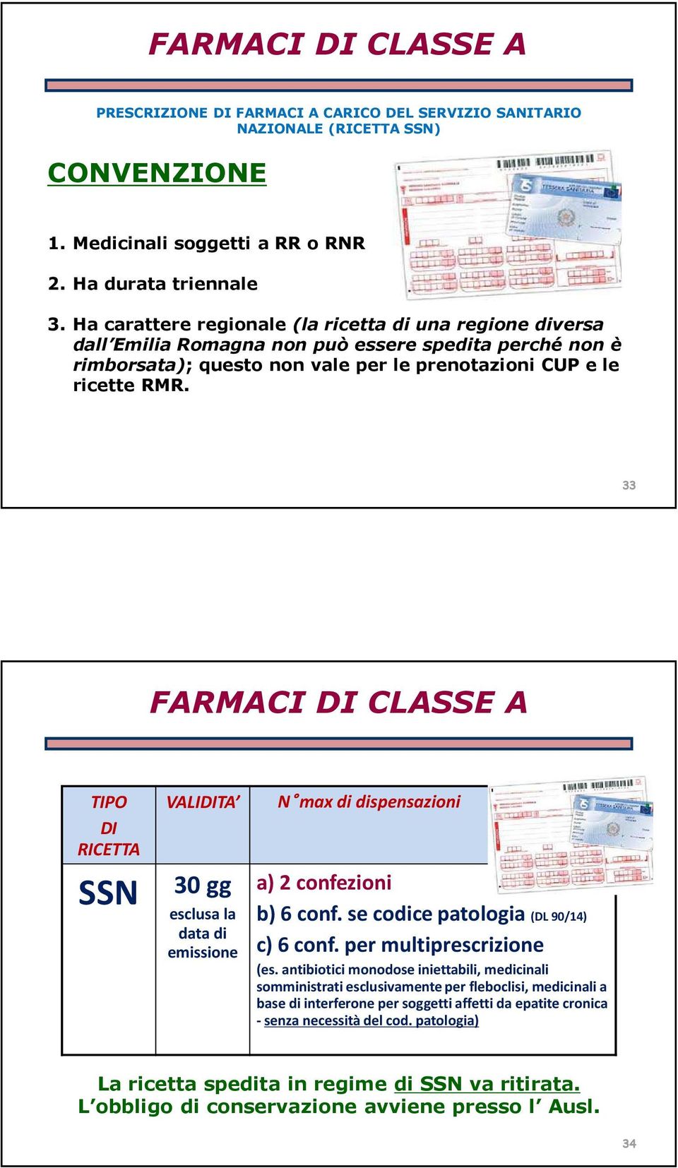 33 FARMACI DI CLASSE A TIPO DI RICETTA SSN VALIDITA 30 gg esclusa la data di emissione N max di dispensazioni a) 2 confezioni b) 6 conf. se codice patologia (DL 90/14) c) 6 conf.