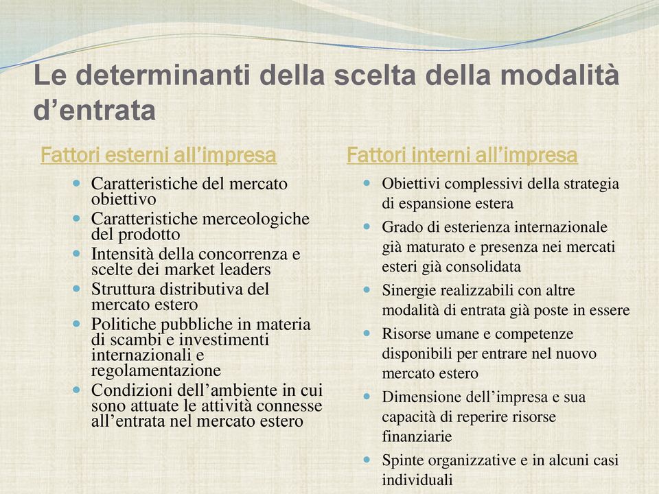 attività connesse all entrata nel mercato estero Fattori interni all impresa Obiettivi complessivi della strategia di espansione estera Grado di esterienza internazionale già maturato e presenza nei