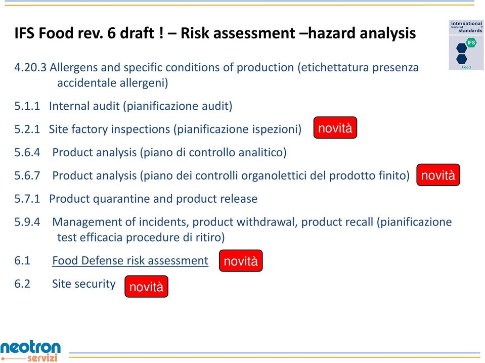 4 Product analysis (piano di controllo analitico) novità 5.6.7 Product analysis (piano dei controlli organolettici del prodotto finito) 5.7.1 Product quarantine and product release novità 5.