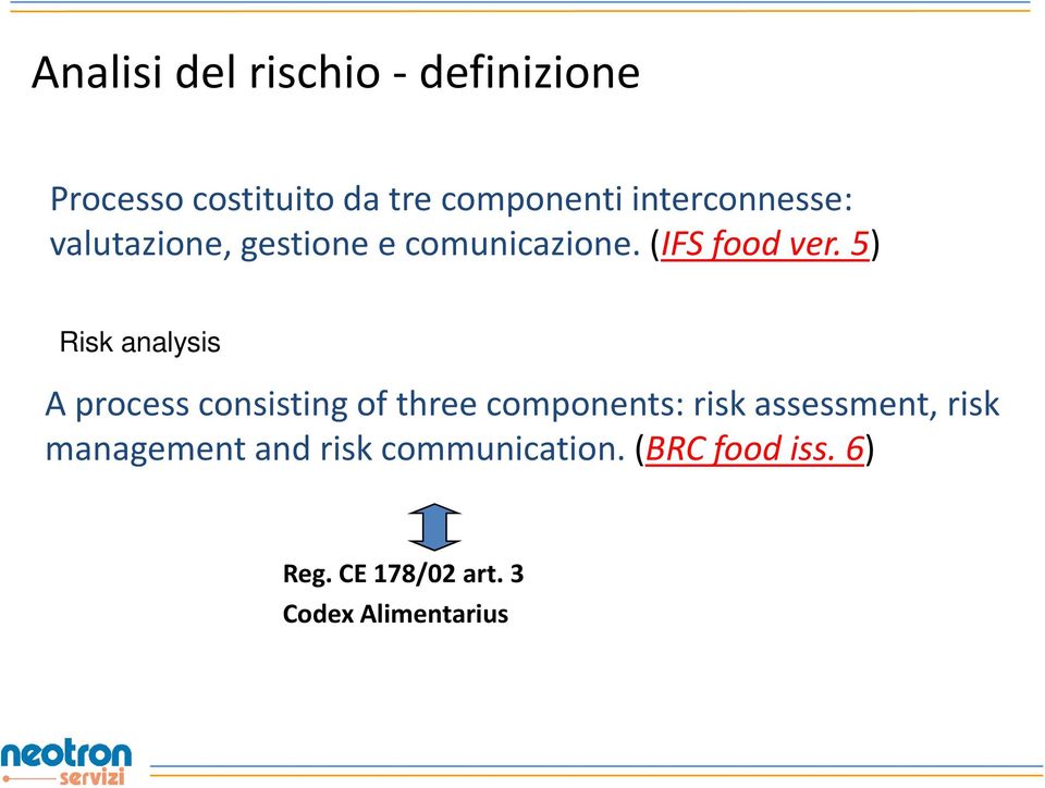 5) Risk analysis A process consisting of three components: risk assessment,