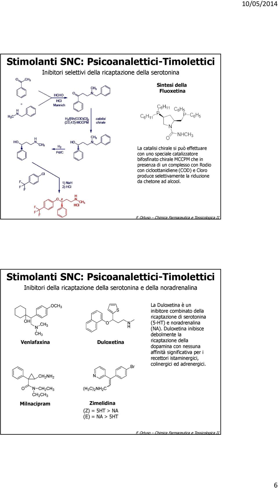 rtuso Chimica Farmaceutica e Tossicologica II Stimolanti SC: Psicoanalettici-Timolettici Inibitori della ricaptazione della serotonina e della noradrenalina Venlafaxina Duloxetina La Duloxetina è un