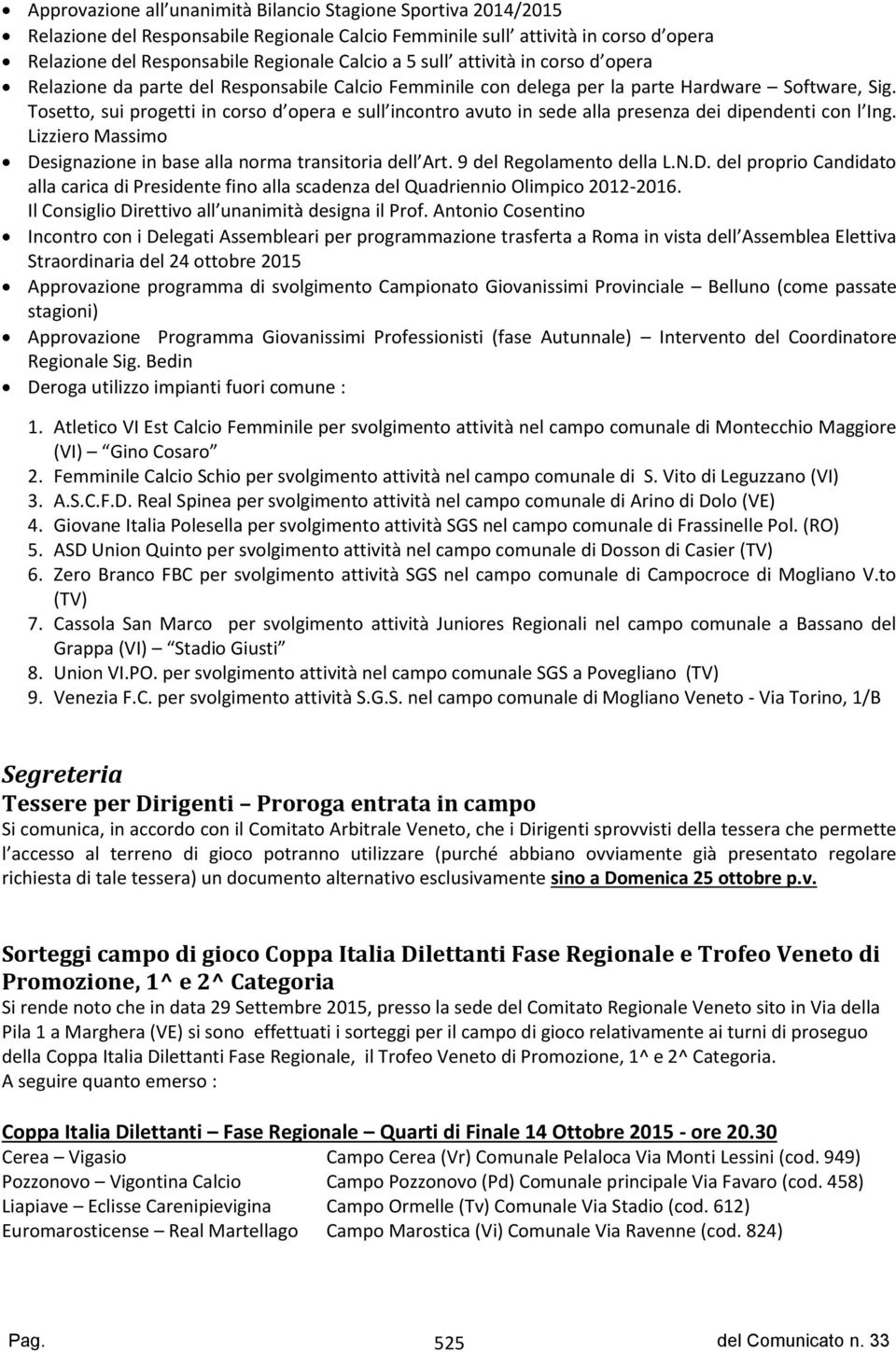 Tosetto, sui progetti in corso d opera e sull incontro avuto in sede alla presenza dei dipendenti con l Ing. Lizziero Massimo Designazione in base alla norma transitoria dell Art.