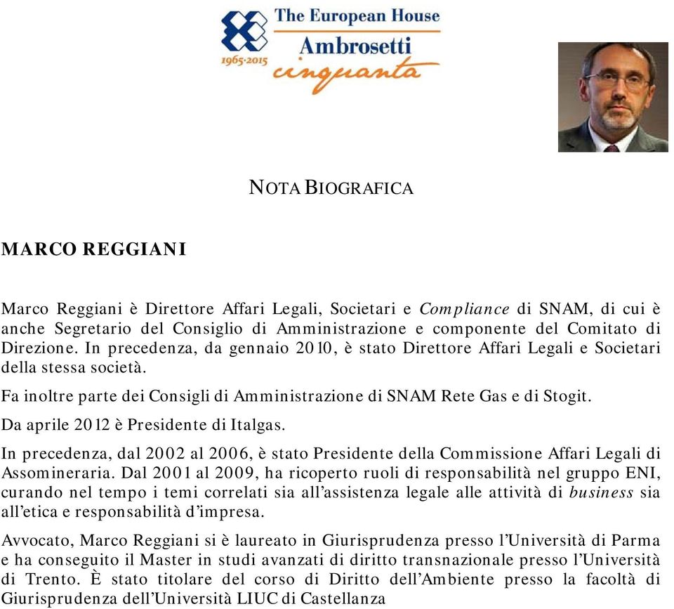 Da aprile 2012 è Presidente di Italgas. In precedenza, dal 2002 al 2006, è stato Presidente della Commissione Affari Legali di Assomineraria.