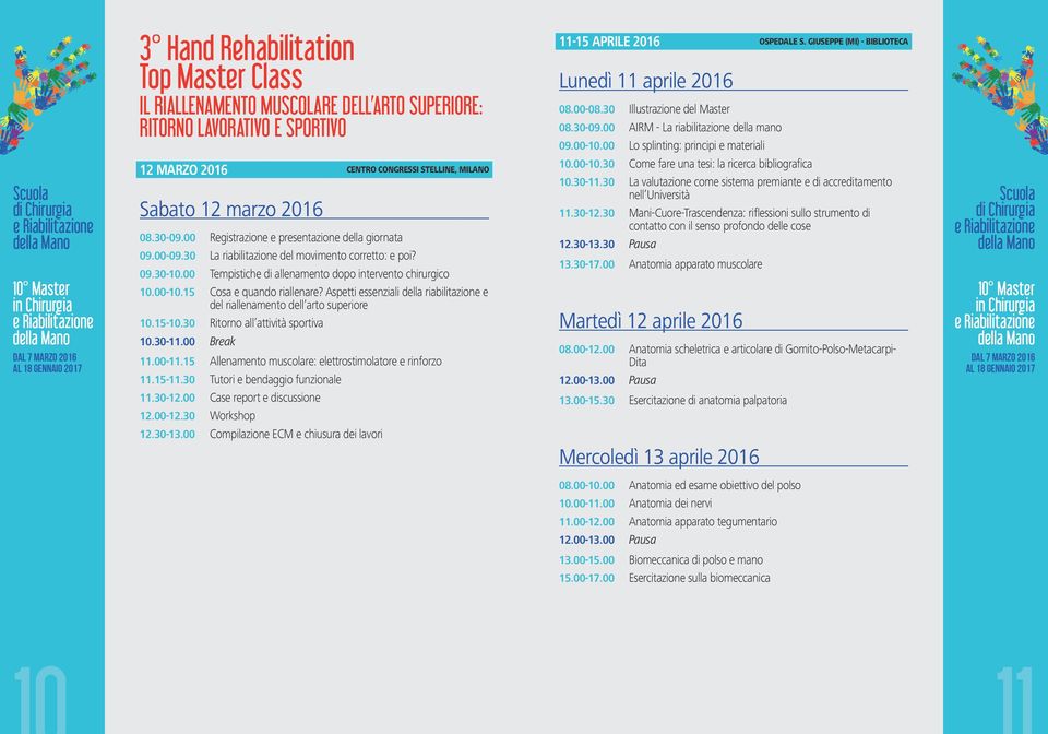 15 Cosa e quando riallenare? Aspetti essenziali della riabilitazione e del riallenamento dell arto superiore 10.15-10.30 Ritorno all attività sportiva 10.30-11.00 Break 11.00-11.