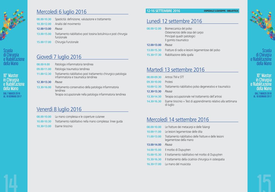 00 Patologia traumatica tendinea 11.00-12.30 Trattamento riabilitativo post trattamento chirurgico patologia infiammatoria e traumatica tendinea 13.30-16.