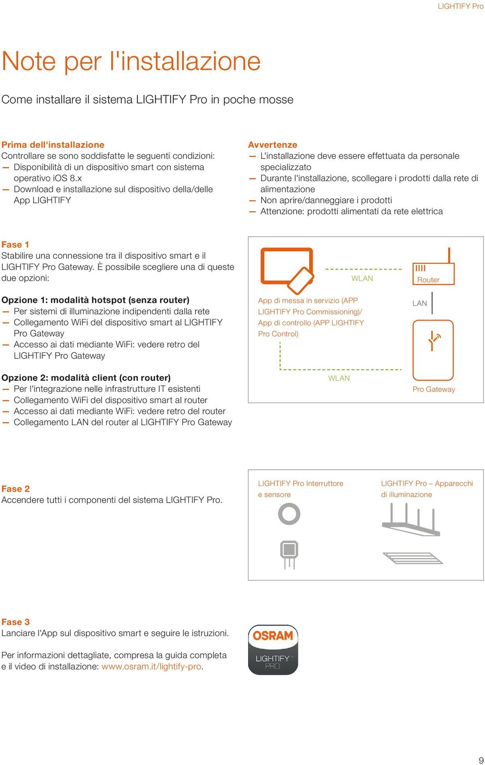 x Download e installazione sul dispositivo della/delle App LIGHTIFY Avvertenze L'installazione deve essere effettuata da personale specializzato Durante l'installazione, scollegare i prodotti dalla