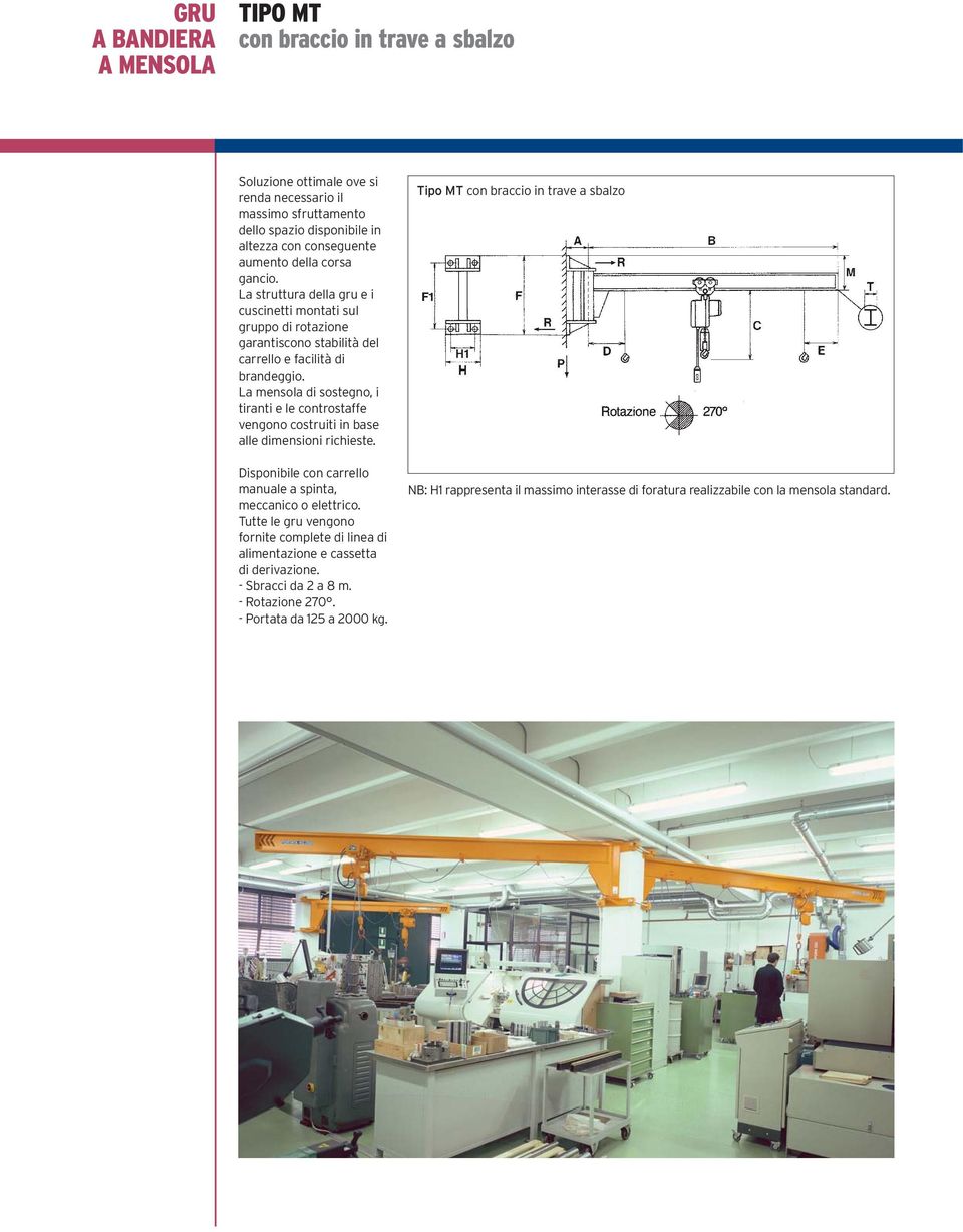 La mensola di sostegno, i tiranti e le controstaffe vengono costruiti in base alle dimensioni richieste. Disponibile con carrello manuale a spinta, meccanico o elettrico.