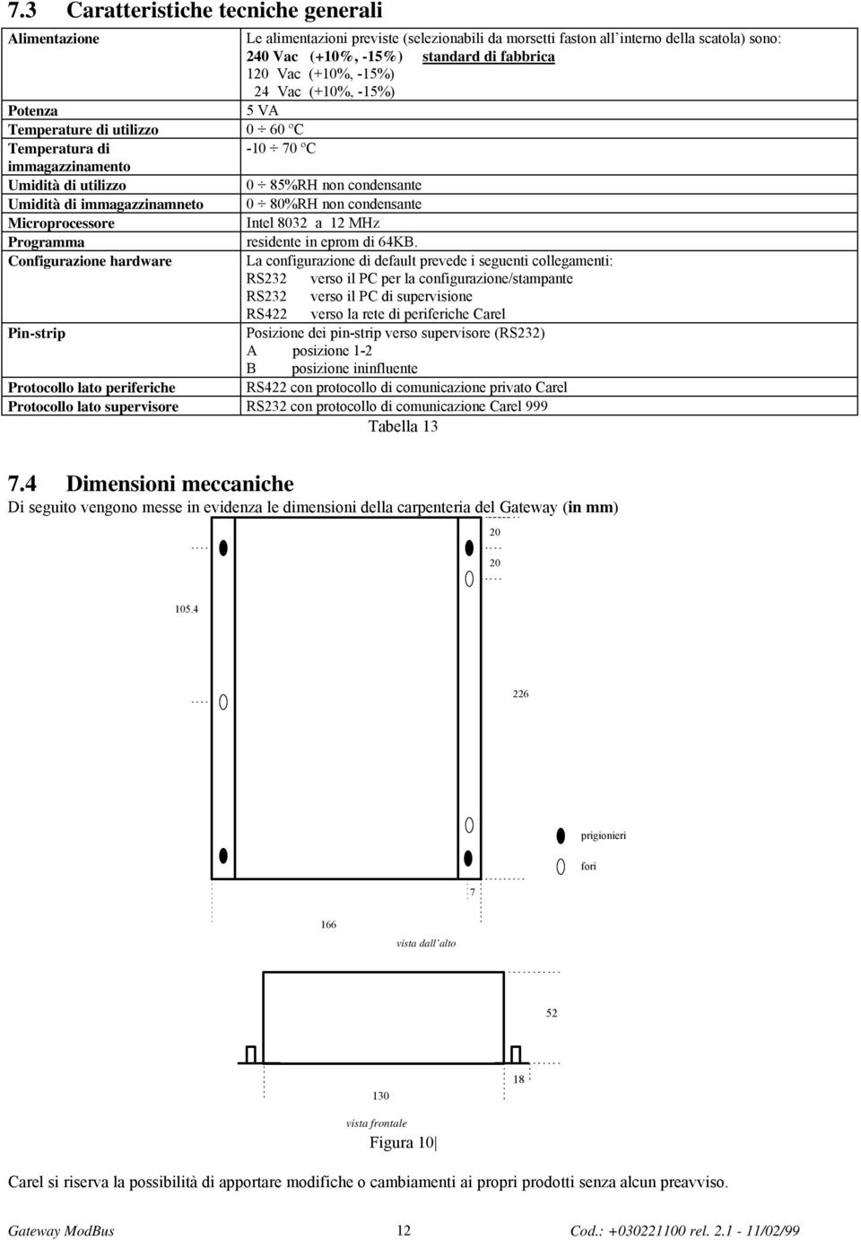 non condensante Microprocessore Intel 802 a 12 MHz Programma residente in eprom di 64KB.