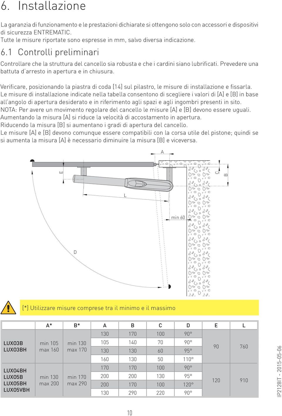 Prevedere una battuta d arresto in apertura e in chiusura. Verificare, posizionando la piastra di coda [14] sul pilastro, le misure di installazione e fissarla.