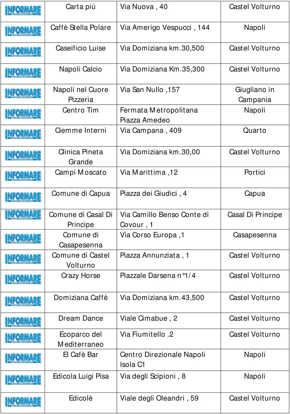 30,00 Grande Campi Moscato Via Marittima,12 Portici Comune di Capua Piazza dei Giudici, 4 Capua Comune di Casal Di Via Camillo Benso Conte di Casal Di Principe Principe Covour, 1 Comune di Via Corso