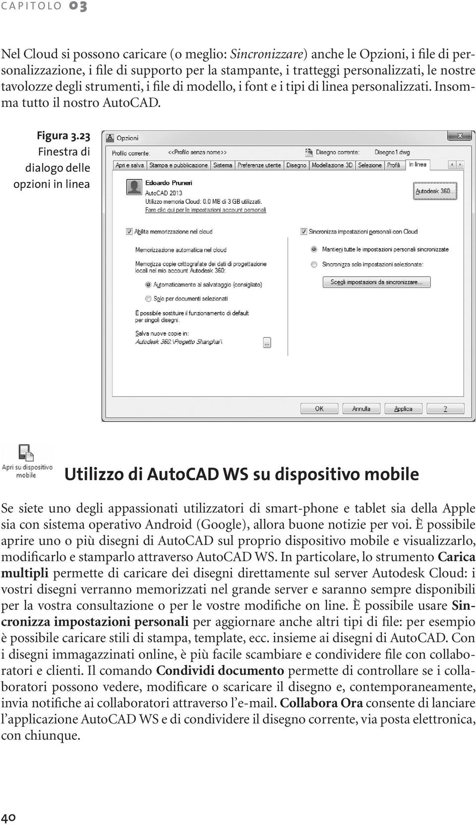 23 Finestra di dialogo delle opzioni in linea Utilizzo di AutoCAD WS su dispositivo mobile Se siete uno degli appassionati utilizzatori di smart-phone e tablet sia della Apple sia con sistema