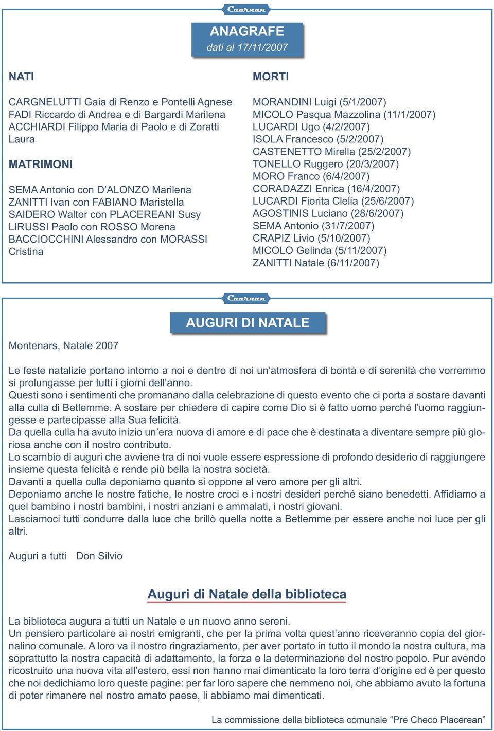 (5/1/2007) MICOLO Pasqua Mazzolina (11/1/2007) LUCARDI Ugo (4/2/2007) ISOLA Francesco (5/2/2007) CASTENETTO Mirella (25/2/2007) TONELLO Ruggero (20/3/2007) MORO Franco (6/4/2007) CORADAZZI Enrica