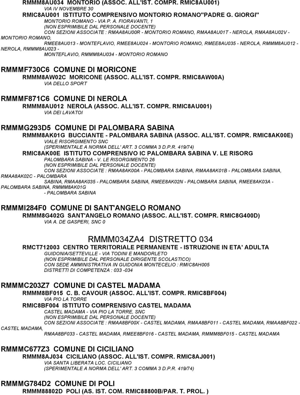 FIORAVANTI, 1 CON SEZIONI ASSOCIATE : RMAA8AU00R - MONTORIO NO, RMAA8AU01T - NEROLA, RMAA8AU02V - MONTORIO NO, RMEE8AU013 - MONTEFLAVIO, RMEE8AU024 - MONTORIO NO, RMEE8AU035 - NEROLA, RMMM8AU012 -