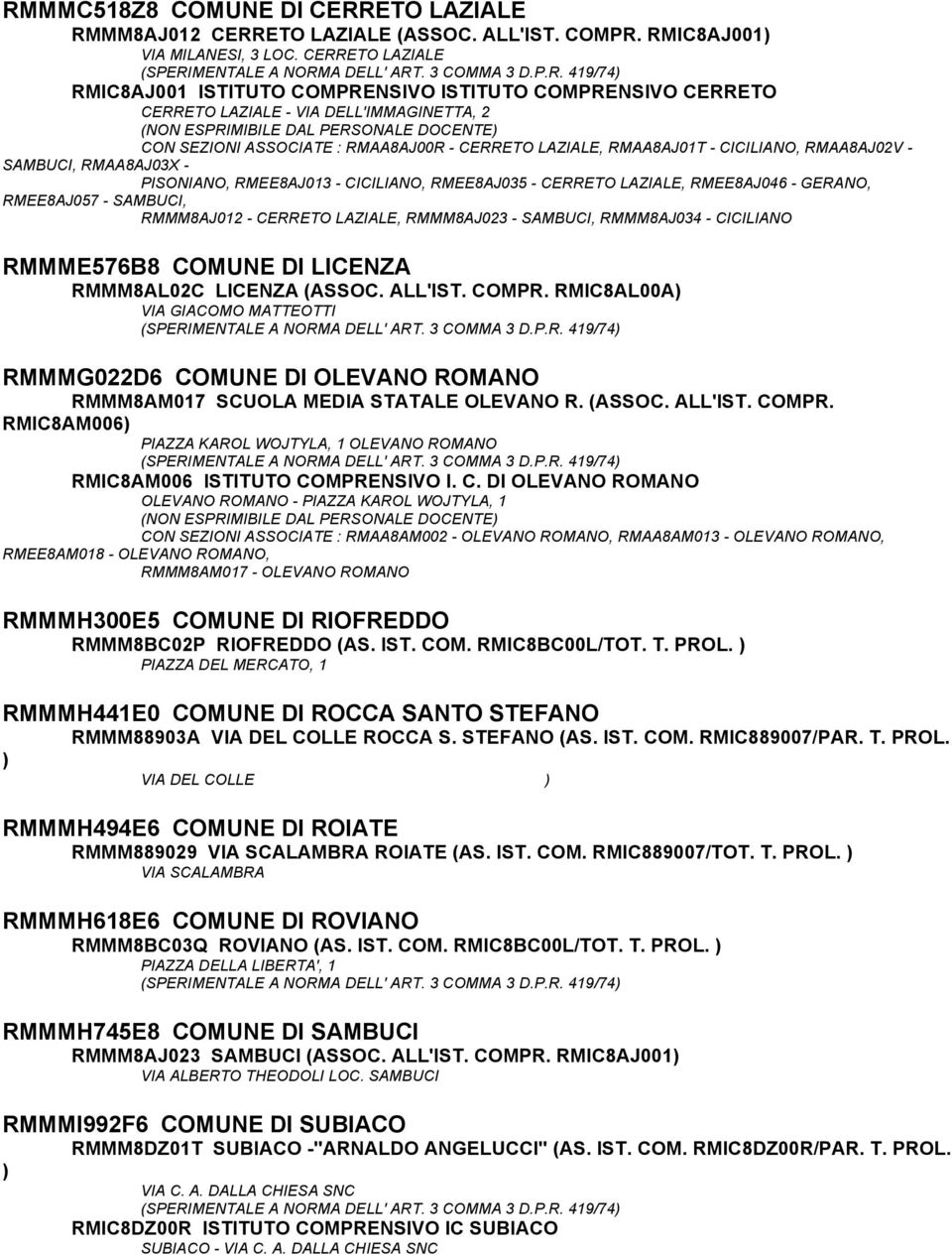 RMAA8AJ02V - SAMBUCI, RMAA8AJ03X - PISONIANO, RMEE8AJ013 - CICILIANO, RMEE8AJ035 - CERRETO LAZIALE, RMEE8AJ046 - GERANO, RMEE8AJ057 - SAMBUCI, RMMM8AJ012 - CERRETO LAZIALE, RMMM8AJ023 - SAMBUCI,