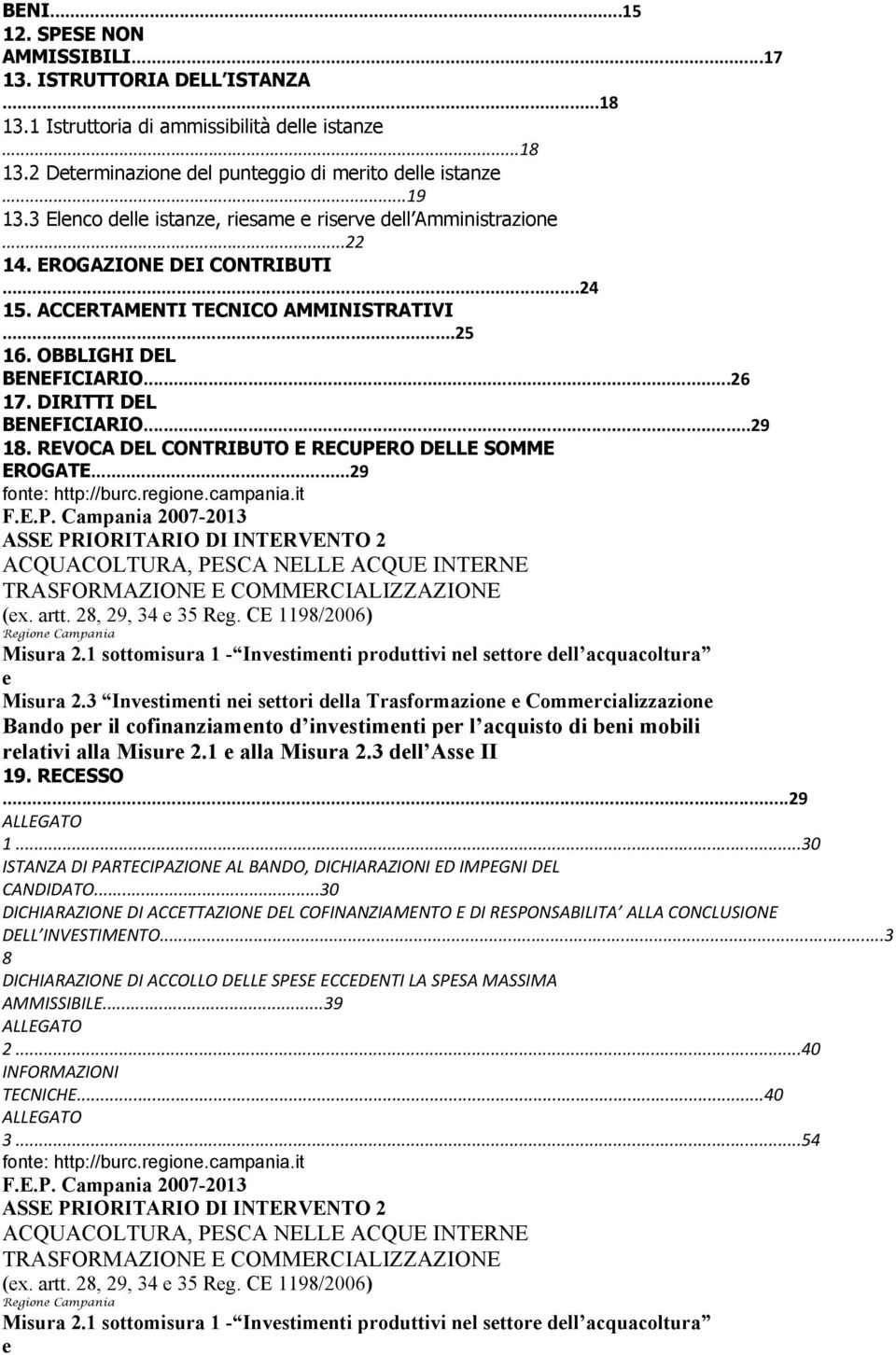 ..29 18. REVOCA DEL CONTRIBUTO E RECUPERO DELLE SOMME EROGATE...29 font: http://burc.rgion.campania.it (x. artt. 28, 29, 34 35 Rg. CE 1198/2006) Rgion Campania Misura 2.