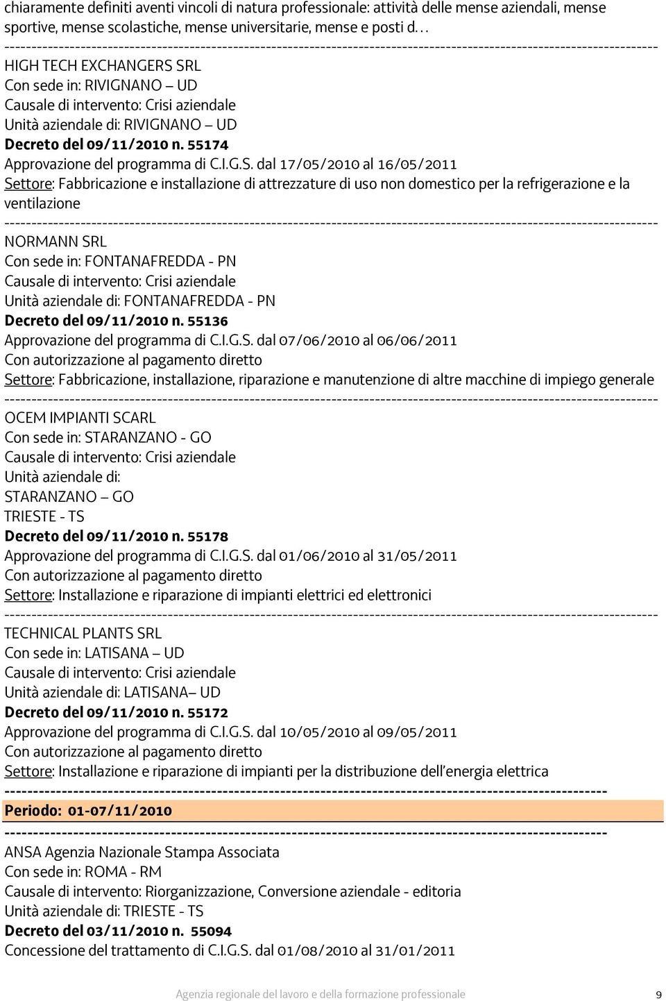 installazione di attrezzature di uso non domestico per la refrigerazione e la ventilazione ------------- NORMANN SRL Con sede in: FONTANAFREDDA - PN Unità aziendale di: FONTANAFREDDA - PN Decreto del