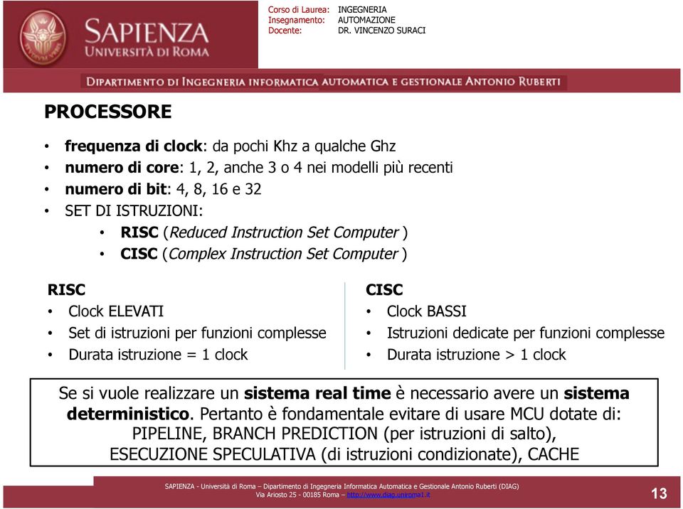 dedicate per funzioni complesse Durata istruzione > 1 clock Se si vuole realizzare un sistema real time è necessario avere un sistema deterministico.