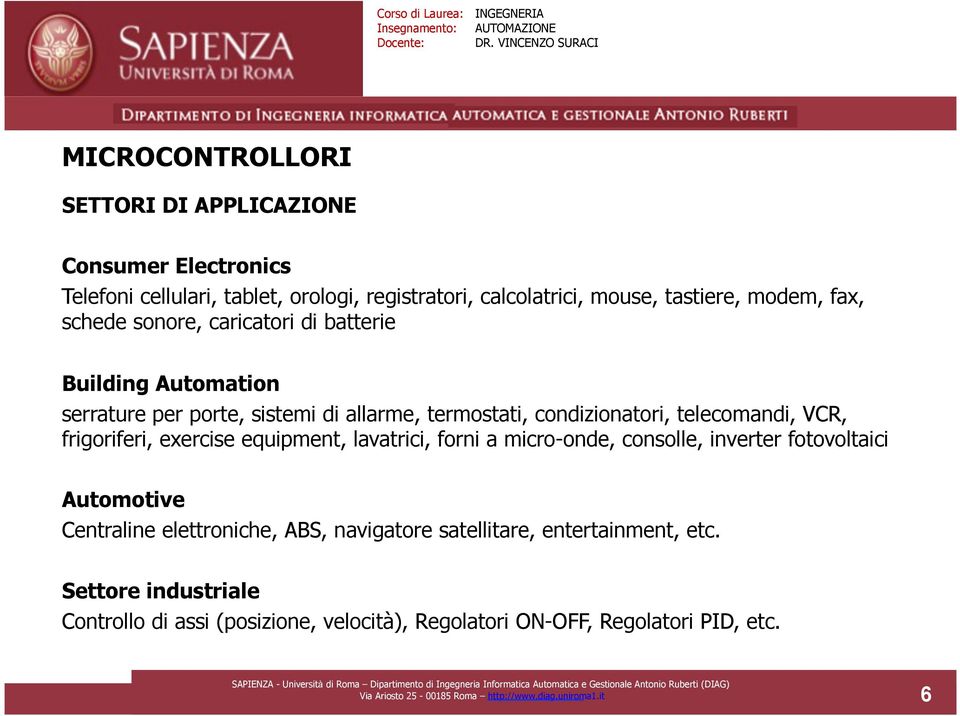 exercise equipment, lavatrici, forni a micro-onde, consolle, inverter fotovoltaici Automotive Centraline elettroniche, ABS, navigatore satellitare,