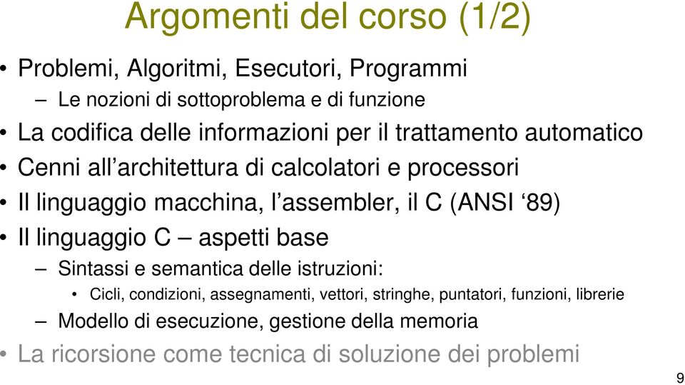 il C (ANSI 89) Il linguaggio C aspetti base Sintassi e semantica delle istruzioni: Cicli, condizioni, assegnamenti, vettori,