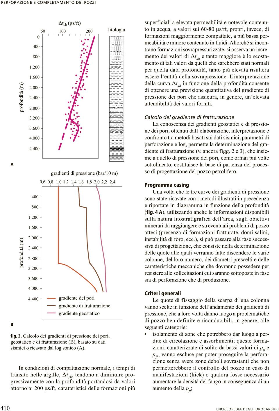 3. Calcolo dei gradienti di pressione dei pori, geostatico e di fratturazione (B), basato su dati sismici o ricavato dal log sonico (A).