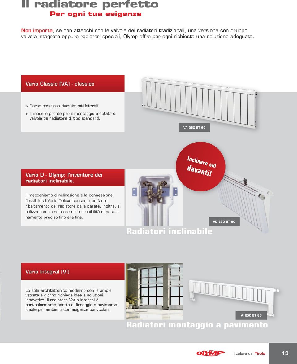 Va 250 BT 60 Vario D - Olymp: l inventore dei radiatori inclinabile. Inclinare sul davanti!