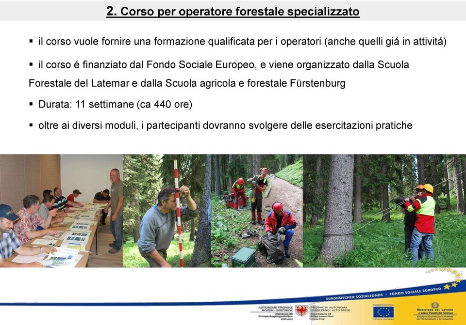 Forestale del Latemar e dalla Scuola agricola e forestale Fürstenburg Durata: 11 settimane