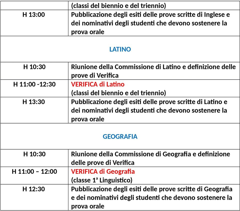 Pubblicazione degli esiti delle prove scritte di Latino e GEOGRAFIA H 11:00 12:00 H 12:30 Riunione della Commissione di Geografia e