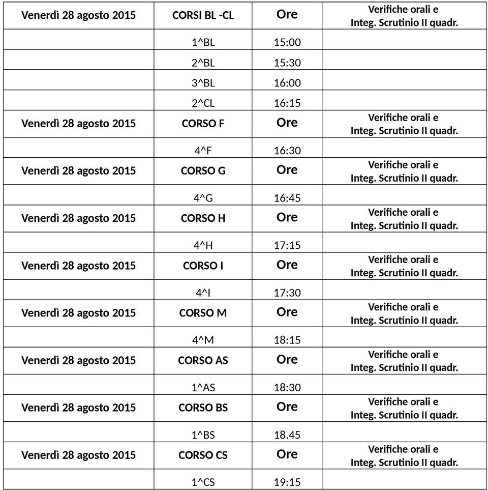 Venerdì 28 agosto 2015 CORSO I Ore 4^I 17:30 Venerdì 28 agosto 2015 CORSO M Ore 4^M 18:15 Venerdì 28 agosto 2015