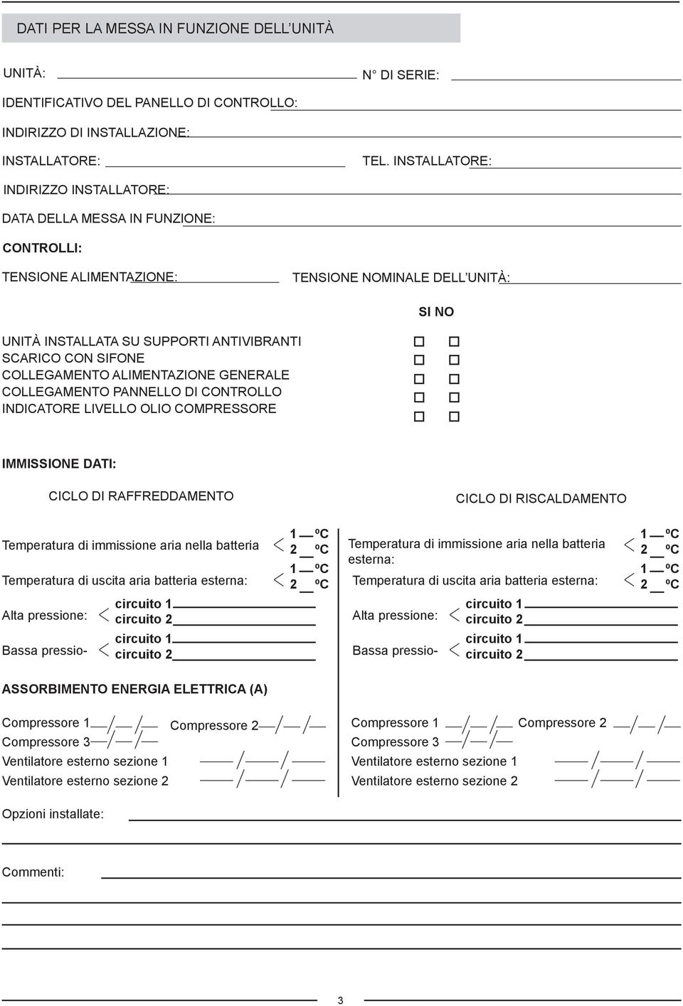 COLLEGAMENTO ALIMENTAZIONE GENERALE COLLEGAMENTO PANNELLO DI CONTROLLO INDICATORE LIVELLO OLIO COMPRESSORE IMMISSIONE DATI: CICLO DI RAFFREDDAMENTO CICLO DI RISCALDAMENTO Temperatura di immissione