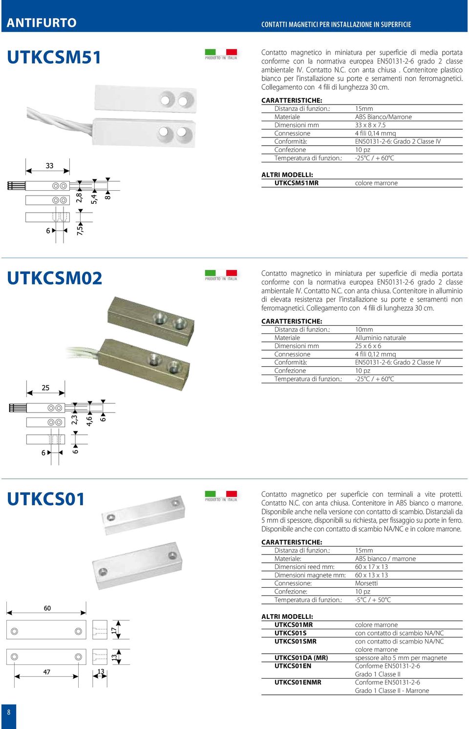 : 15mm ABS Bianco/Marrone mm 33 x 8 x 7.5 Connessione 4 fili 0,14 mmq Conformità: EN50131-2-6: Grado 2 Classe IV 10 pz Temperatura di funzion.